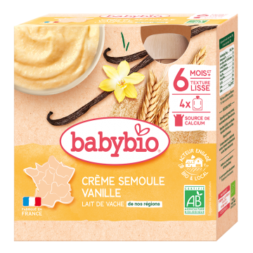 BABYBIO - Gourde Cr&egrave;me Semoule Vanille pack de 4 gourdes 85gr