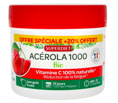 SUPER DIET - Acérola 1000 bio 60 comprimés sécables à croquer + 12 comprimés offerts