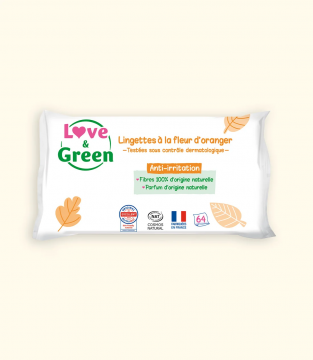 LOVE &GREEN - Lingettes Hypoallerg&eacute;niques &agrave; la fleur d'oranger paquet de 64