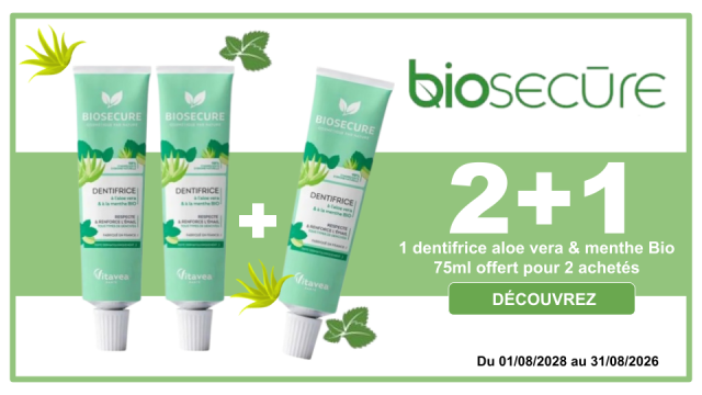 BIOSECURE 1 dentifrice aloe vera et menthe Bio 75ml offert pour 2 achet&eacute;s