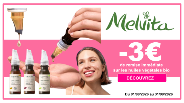 MELVITA -3&euro; de remise imm&eacute;diate sur les huiles v&eacute;g&eacute;tales bio
