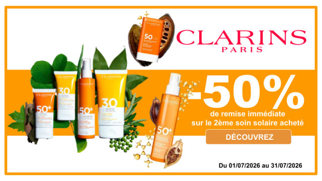 CLARINS -50% de remise imm&eacute;diate sur le 2&egrave;me soin solaire achet&eacute;, le moins cher des 2