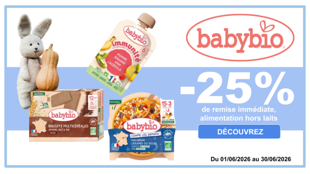 BABYBIO -25% de remise imm&eacute;diate sur la gamme alimentation, hors laits