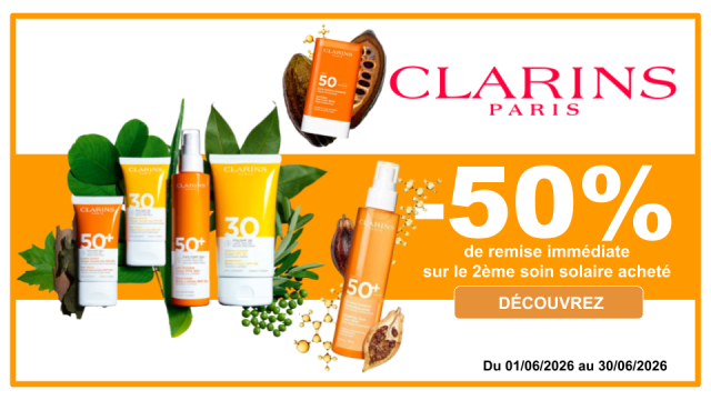CLARINS -50% de remise imm&eacute;diate sur le 2&egrave;me soin solaire achet&eacute;, le moins cher des 2