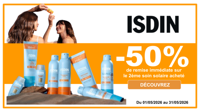 ISDIN -50% de remise imm&eacute;diate sur le 2&egrave;me soin solaire achet&eacute;, le moins cher des 2