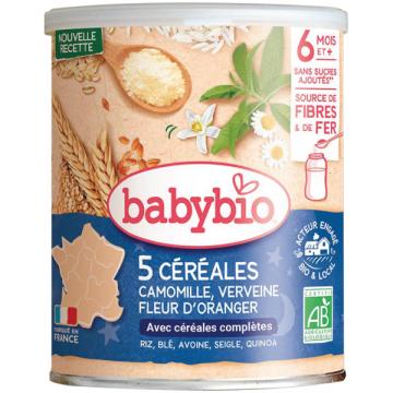 BABYBIO - Cinq Céréales Riz Blé Avoine Seigle Quinoa Camomille Verveine Fleur d'oranger 220g
