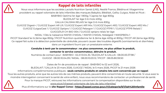 Alerte : rappel de laits infantiles