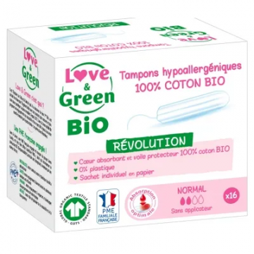 LOVE & GREEN - Tampons Hypoallergéniques sans applicateur Normal 16 tampons