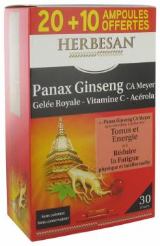 HERBESAN - Panax Ginseng CA Meyer Gelée Royale Vitamine C Acérola 20 ampoules buvables x 15ml + 10 offertes