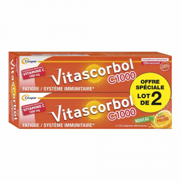 VITASCORBOL - Vitamine C 1000mg - Fatigue et Syst&egrave;me Immunitaire 2 x 20 comprim&eacute;s effervescents